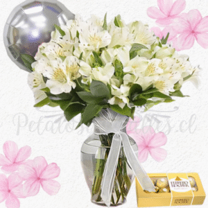 Florero samaritano,30 varas de astromelias, ferreros 100grs y globito