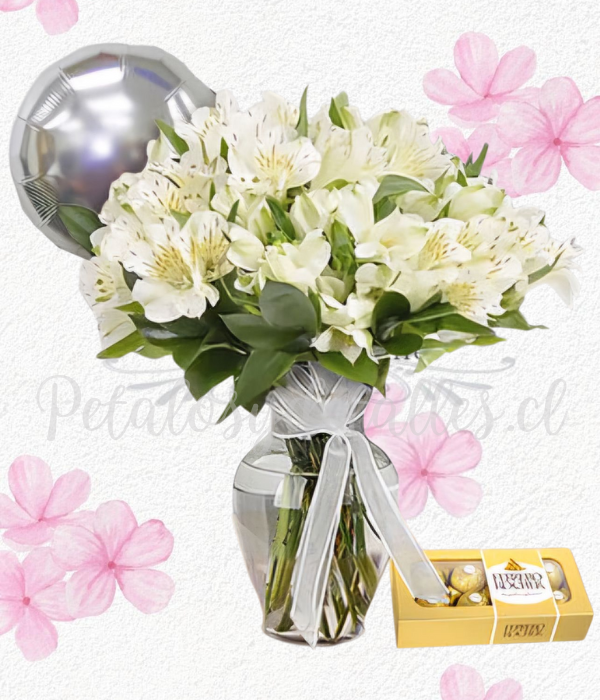 Florero samaritano,30 varas de astromelias, ferreros 100grs y globito