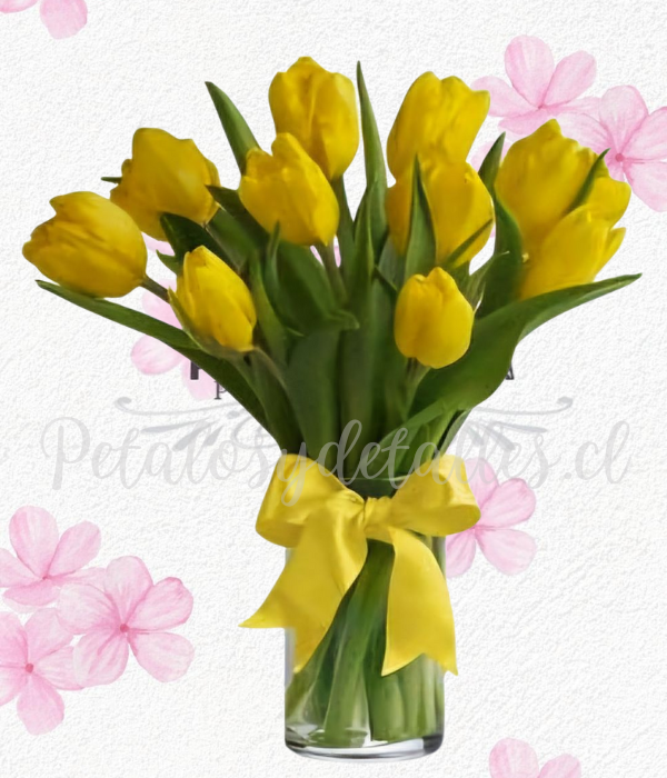 Florero encanto amarillo, Cilindro en 10 tulipanes y lazo