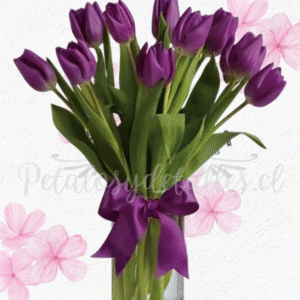 Florero encanto único morado, Cilindro en 10 tulipanes y lazo