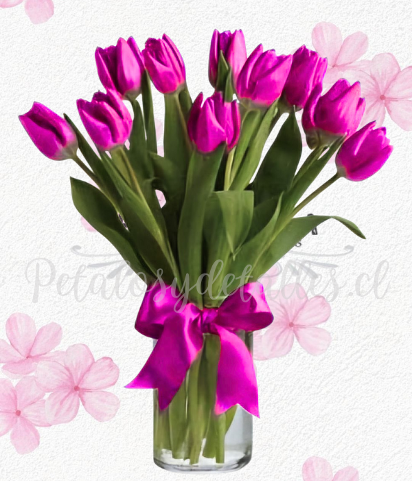 Florero cilindro vidrio Barbie en 10 tulipanes y lindo lazo