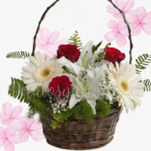 Canasto felicidad en 2 gerberas. 2 lilium y 3 rosas importadas