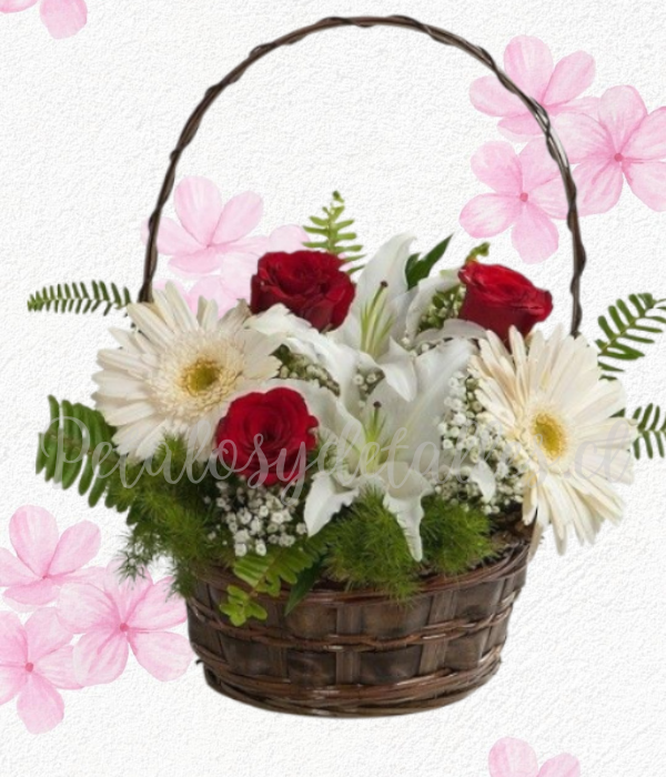 Canasto felicidad en 2 gerberas. 2 lilium y 3 rosas importadas