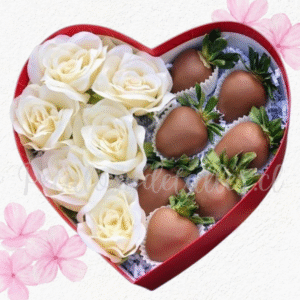 Box corazon en 6 rosas y 7 frutillas decoradas en chocolate