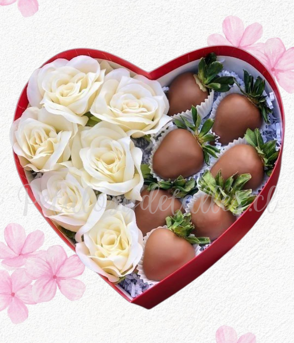 Box corazon en 6 rosas y 7 frutillas decoradas en chocolate