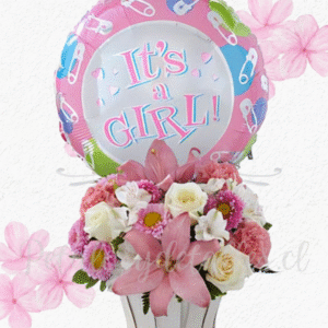 Arreglo canasto baby girl en 20 flores mix y globo