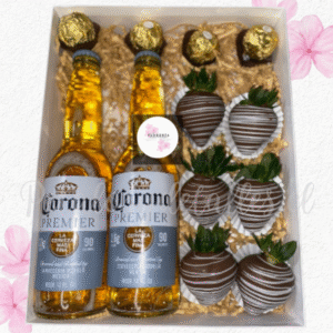 Caja cuadrada en 6 frutillas, 4 chocolates y 2 cervezas corona