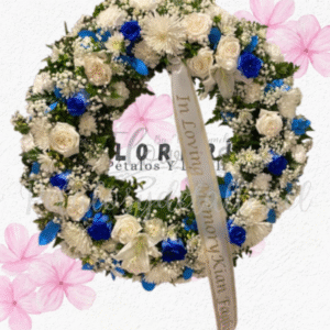 Corona fúnebre 70 cm, Tonos claros azules y blanco, Incluye cinta