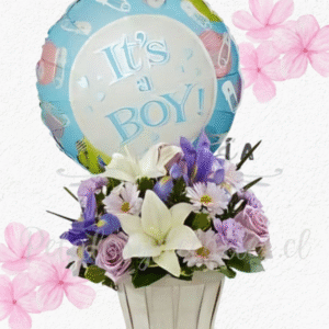 Arreglo canasto baby boy en 20 flores mix y globo