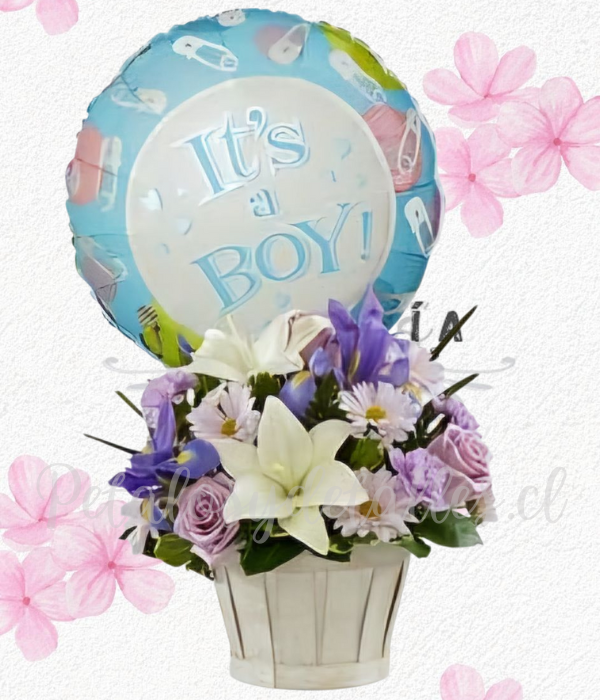 Arreglo canasto baby boy en 20 flores mix y globo