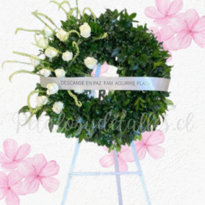 Corona fúnebre Paz, 10 rosas importadas, follaje y cinta