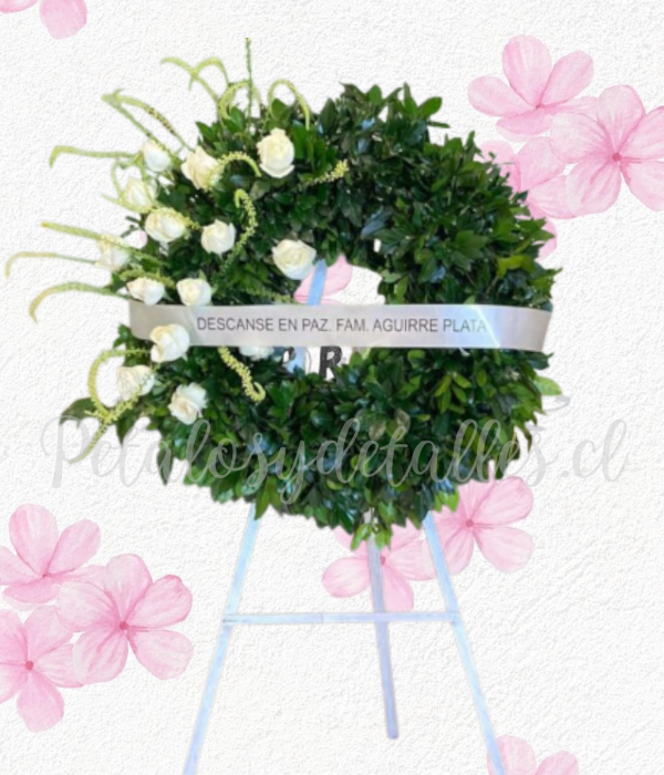 Corona fúnebre Paz, 10 rosas importadas, follaje y cinta