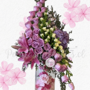 Arreglo cilindro en 25 rosas, 10 mini rosas, 1 hortensia y 2 lilium