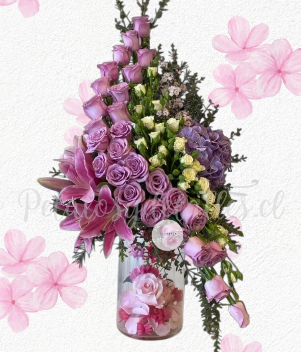 Arreglo cilindro en 25 rosas, 10 mini rosas, 1 hortensia y 2 lilium