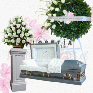 Pack floral para condolencia, corona 12 rosas y arrimo 30 rosas