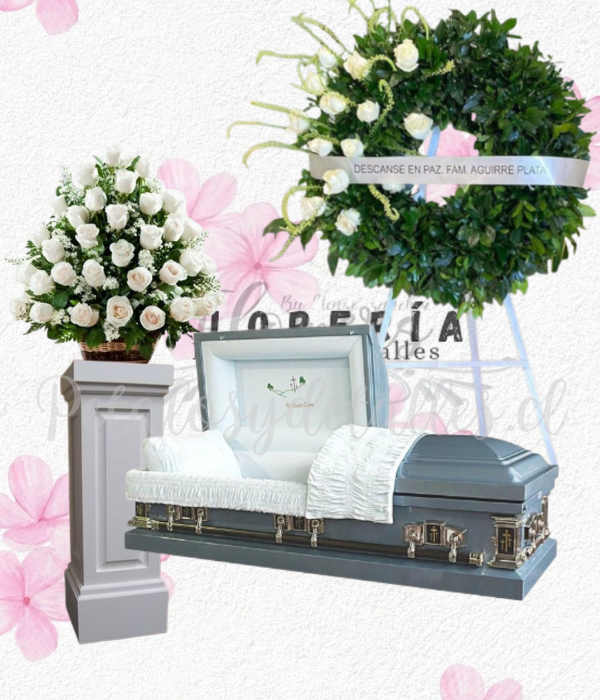 Pack floral para condolencia, corona 12 rosas y arrimo 30 rosas