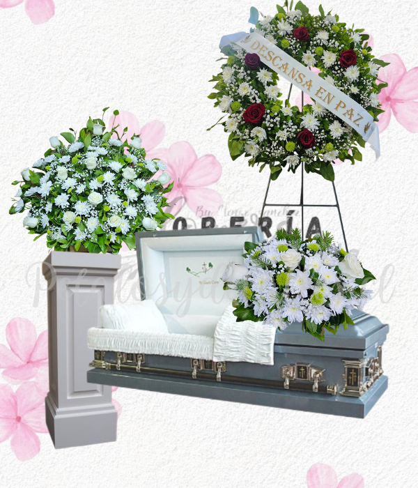 Pack floral en arrimo grande, corona y mini cojin floral