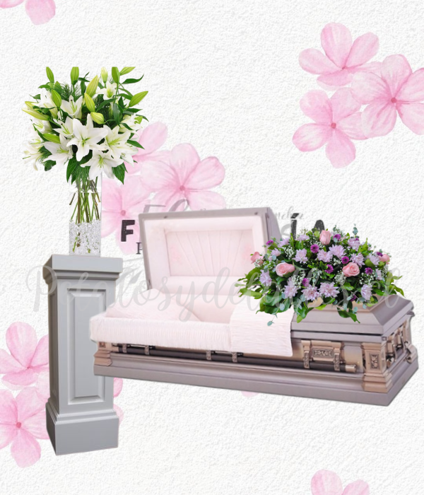 Pack floral fúnebre en cojin floral y florero en 10 varas de lilium