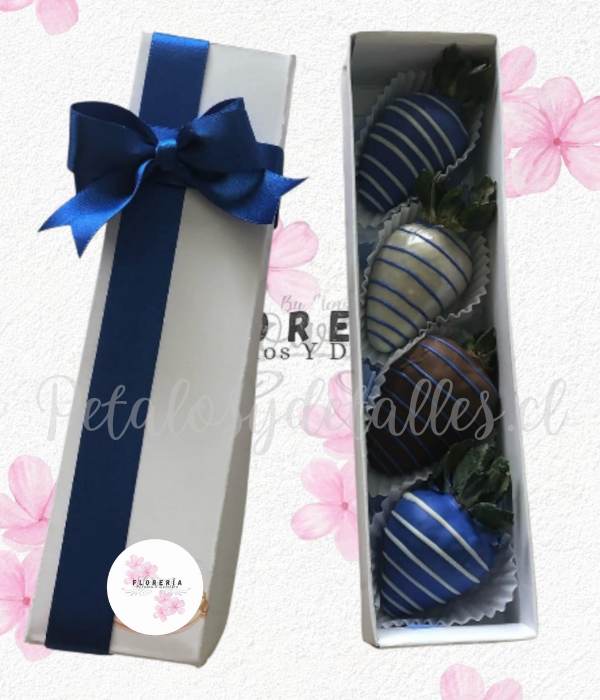 Caja rectangular en 4 frutillas decoradas en chocolate