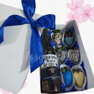 Caja cuadrada en 6 frutillas decoradas en chocolate y cerveza