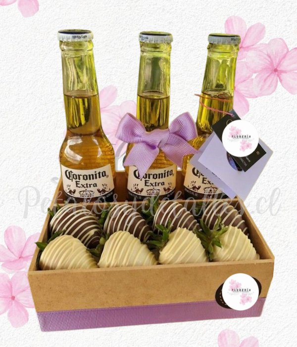 Base en 8 frutillas decoradas y 3 cervezas coronas