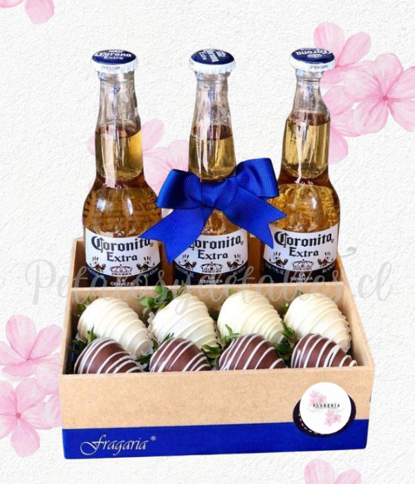 Base boy en 8 frutillas con chocolate y 3 cervezas coronas