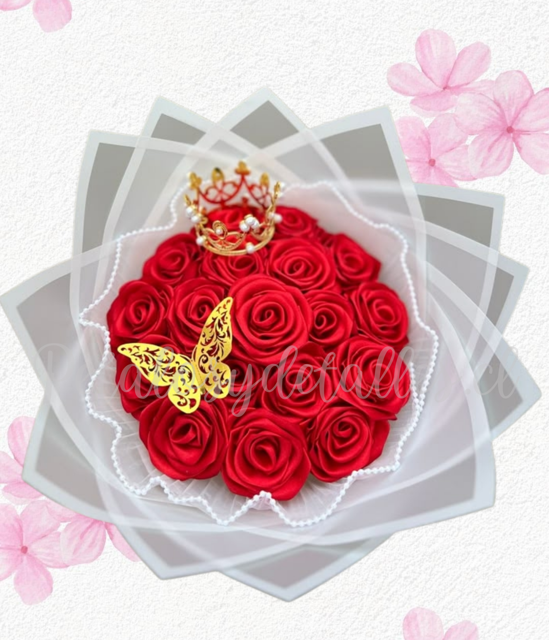 Ramo bouquet en 25 rositas eternas de jabón y coronita decorativa