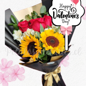 Ramo abierto en 3 rosas importadas, 2 radiantes girasoles y topper
