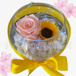 Rosa preservada y girasol en pecera con luces y piedritas