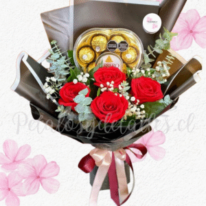 Ramo extendido en 4 rosas importadas y ricos bombones ferreros
