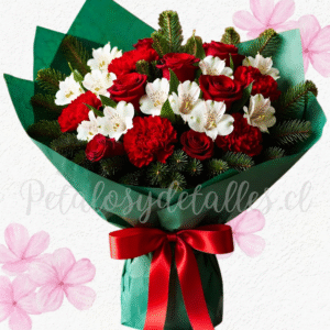 Ramo bouquet en 10 rosas importadas, astromelias y claveles