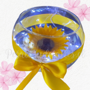 Girasol preservado eterno y luces en pecera y piedras decorativas