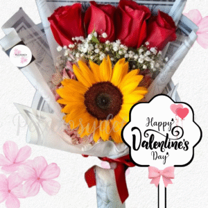 Ramo en girasol central y 4 rosas lineales mas topper