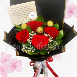 Ramo espalda en 4 rosa importadas y 3 bombones ferreros