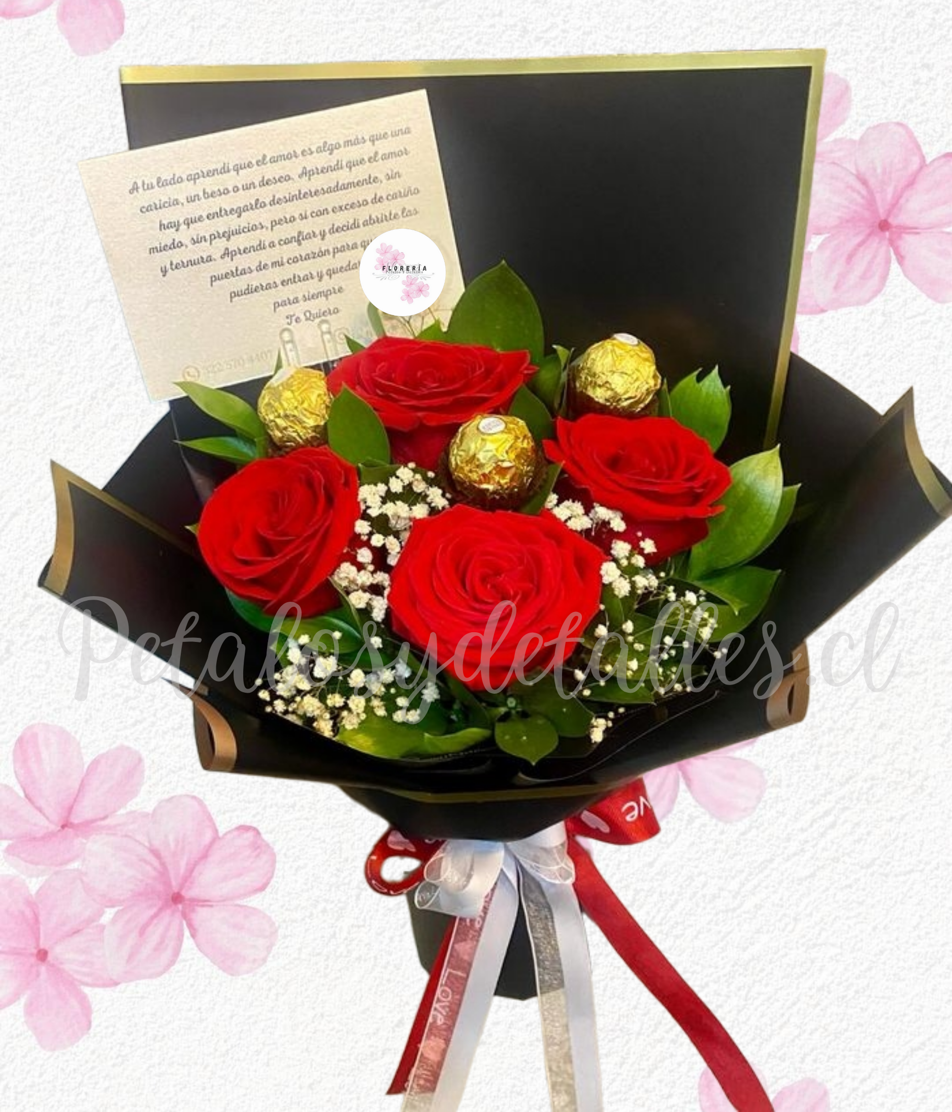 Ramo espalda en 4 rosa importadas y 3 bombones ferreros