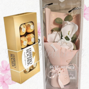 Ramito 3 rositas de jabón blancas en caja de acetato y bombones