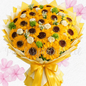 Ramo en 20 girasoles, 10 mini rosas de jabón y follaje (Flores de Jabón)