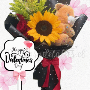 Ramo extendido en 2 rosas, 1 girasol, peluche 20cm y envoltorio