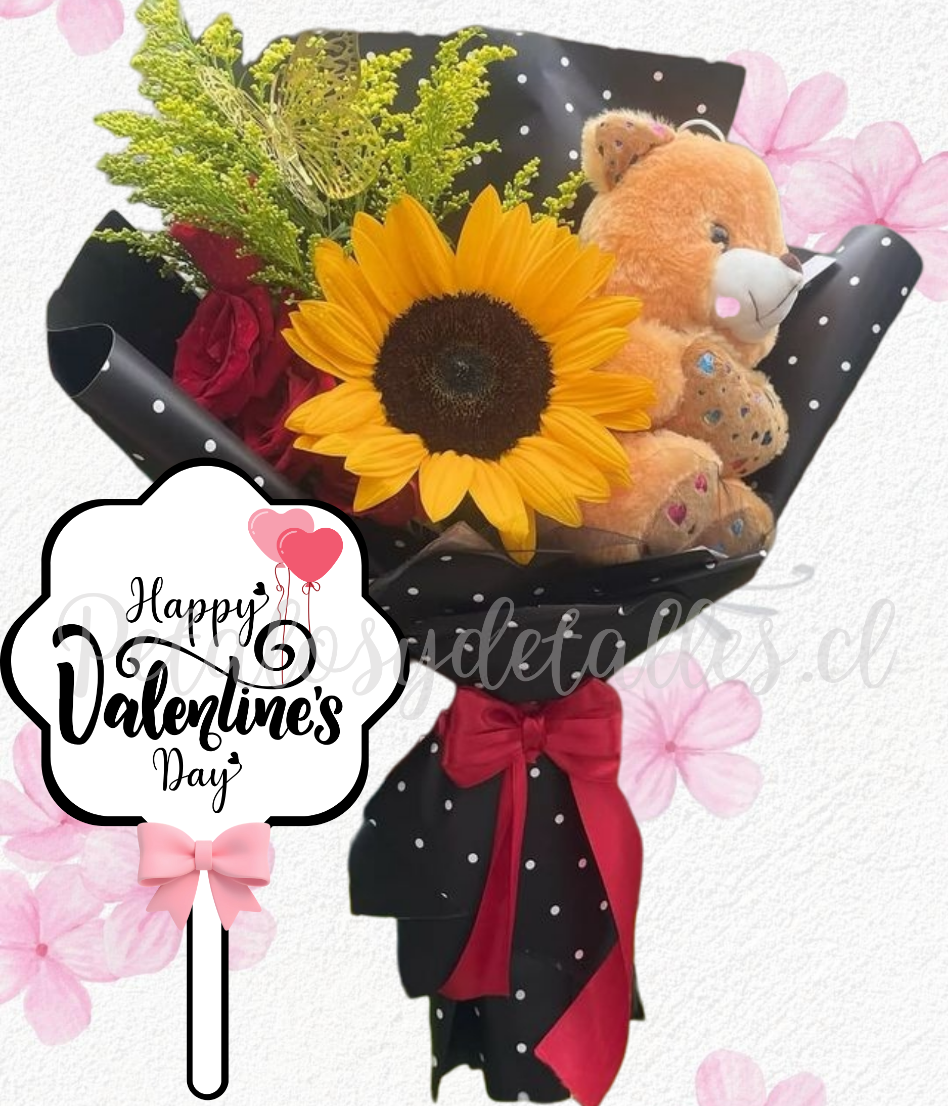 Ramo extendido en 2 rosas, 1 girasol, peluche 20cm y envoltorio