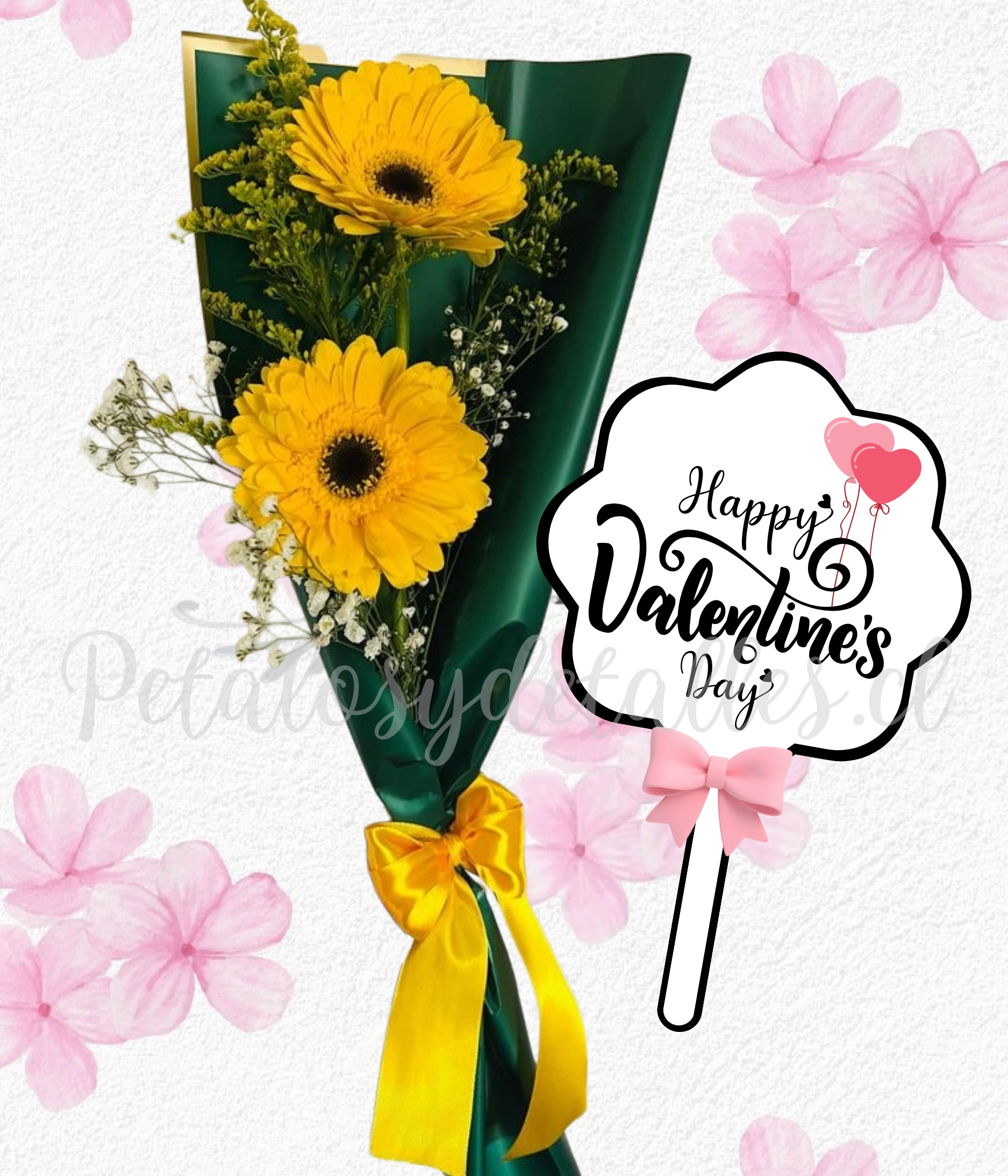 Ramito extendido en 2 gerberas follaje verde y topper