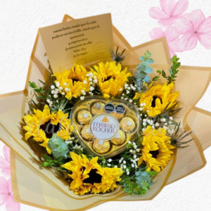 Ramo bouquen en ferrero rocher de 100gr y 6 girasoles