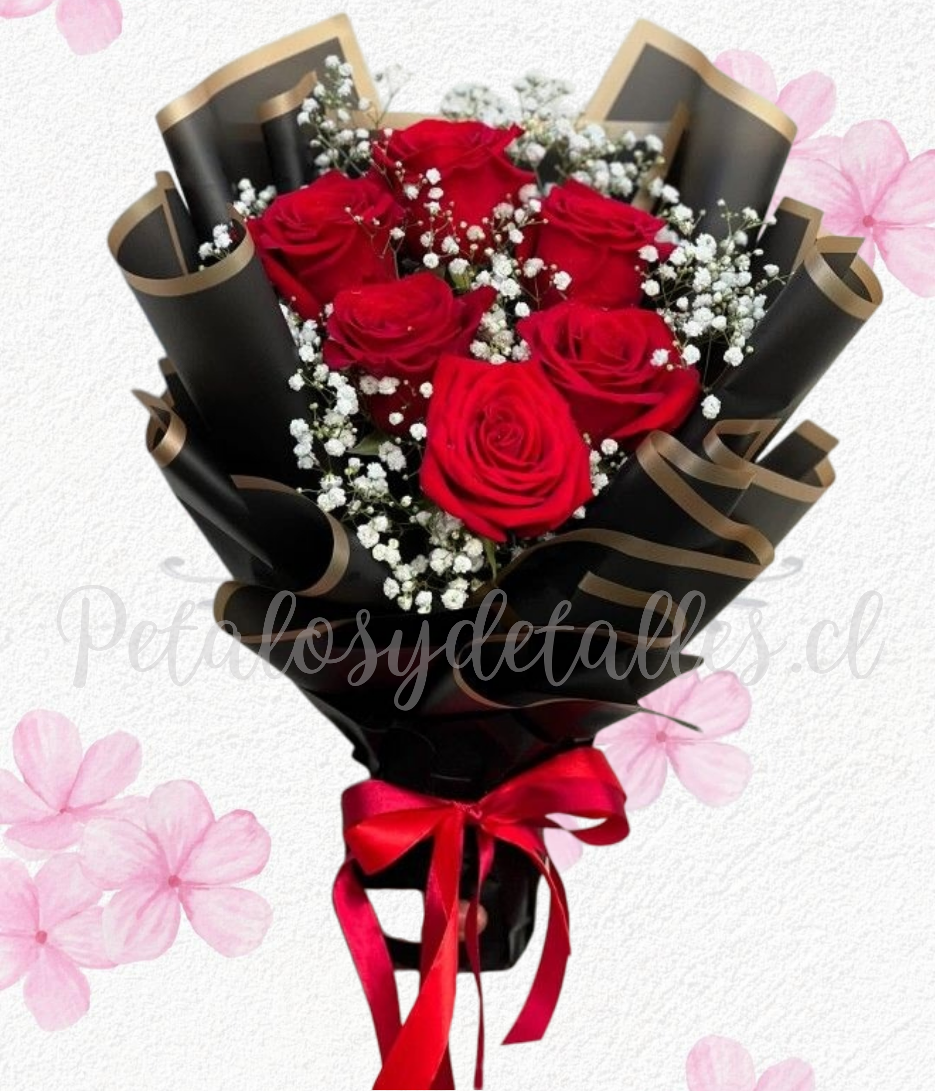 Ramo en elegante envoltura, 6 rosas importadas e ilusión