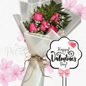 Ramo extendido en 5 rosas importadas, follaje e ilusión topper