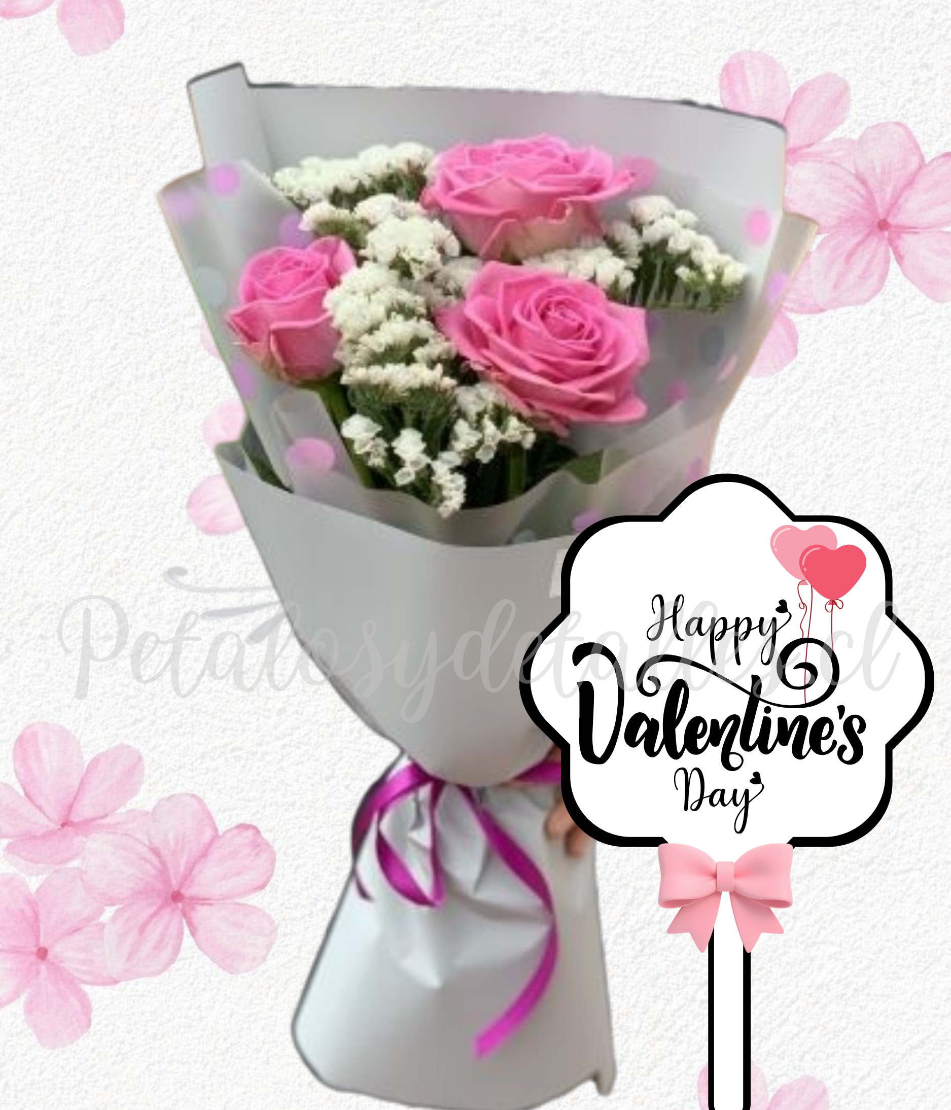 Ramito encantador 3 rosas importadas follaje, ilusión y topper