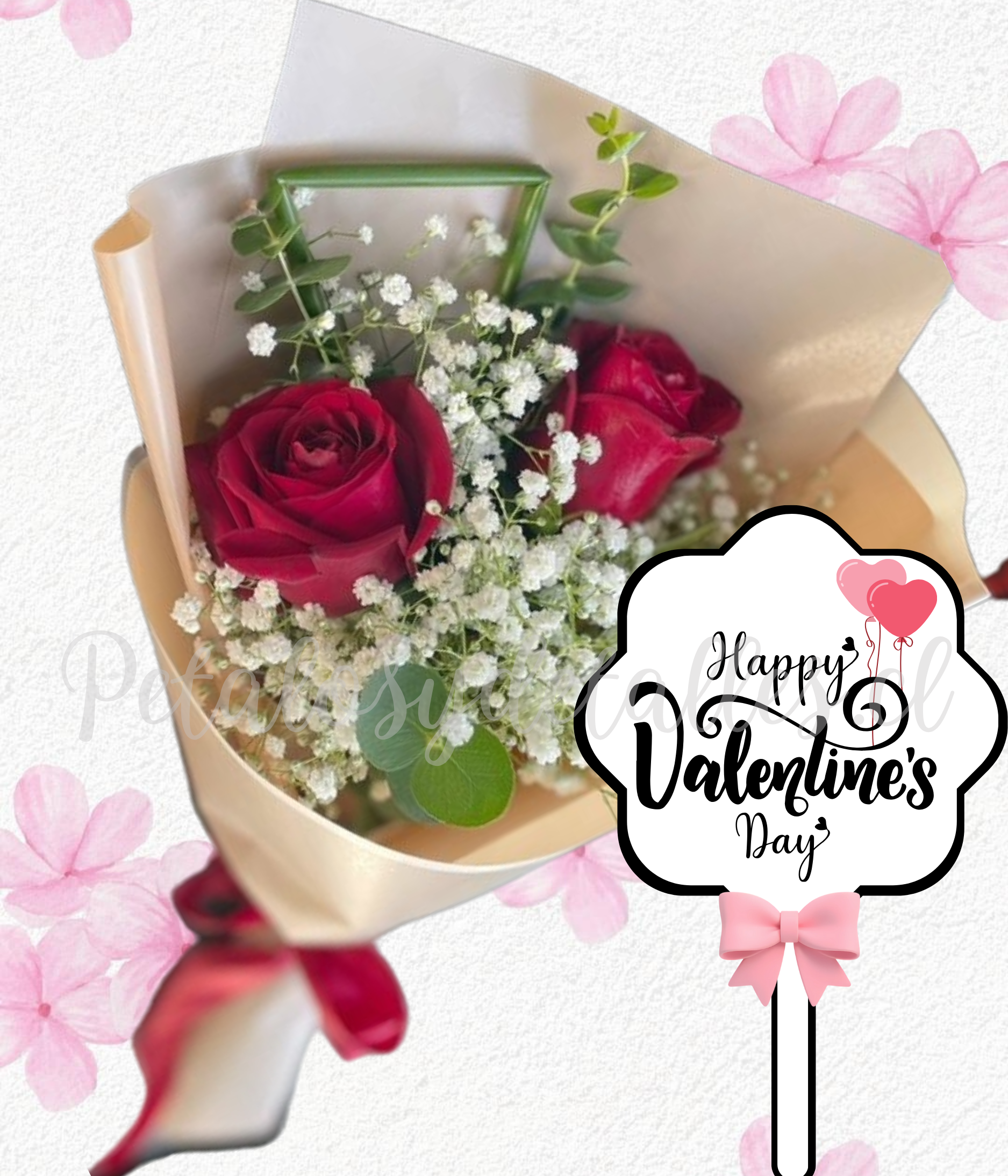 Ramo lineal en 2 rosas importadas follaje y ilusión + topper