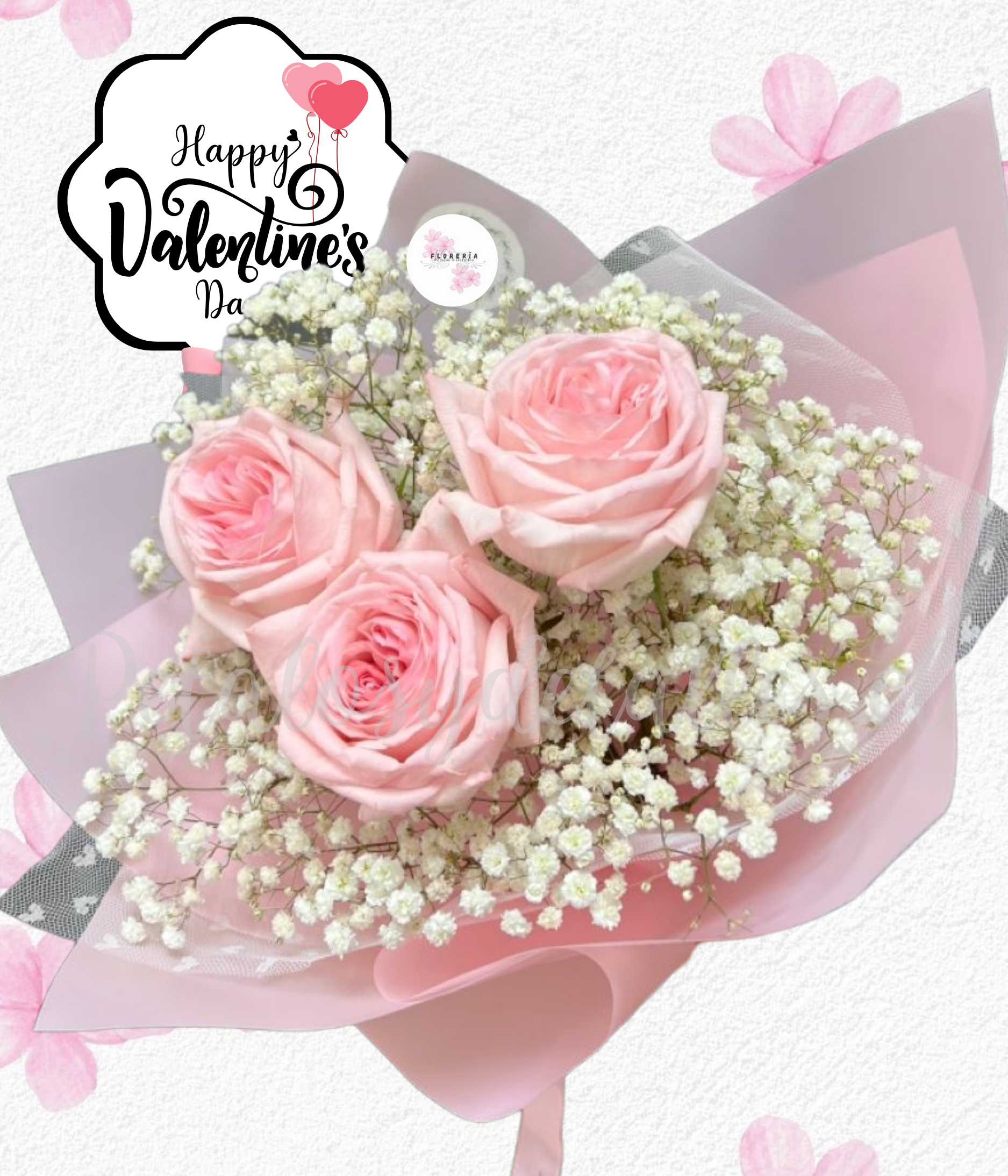 Ramo rosa pastel en 3 rosas e ilusión blanca mas topper