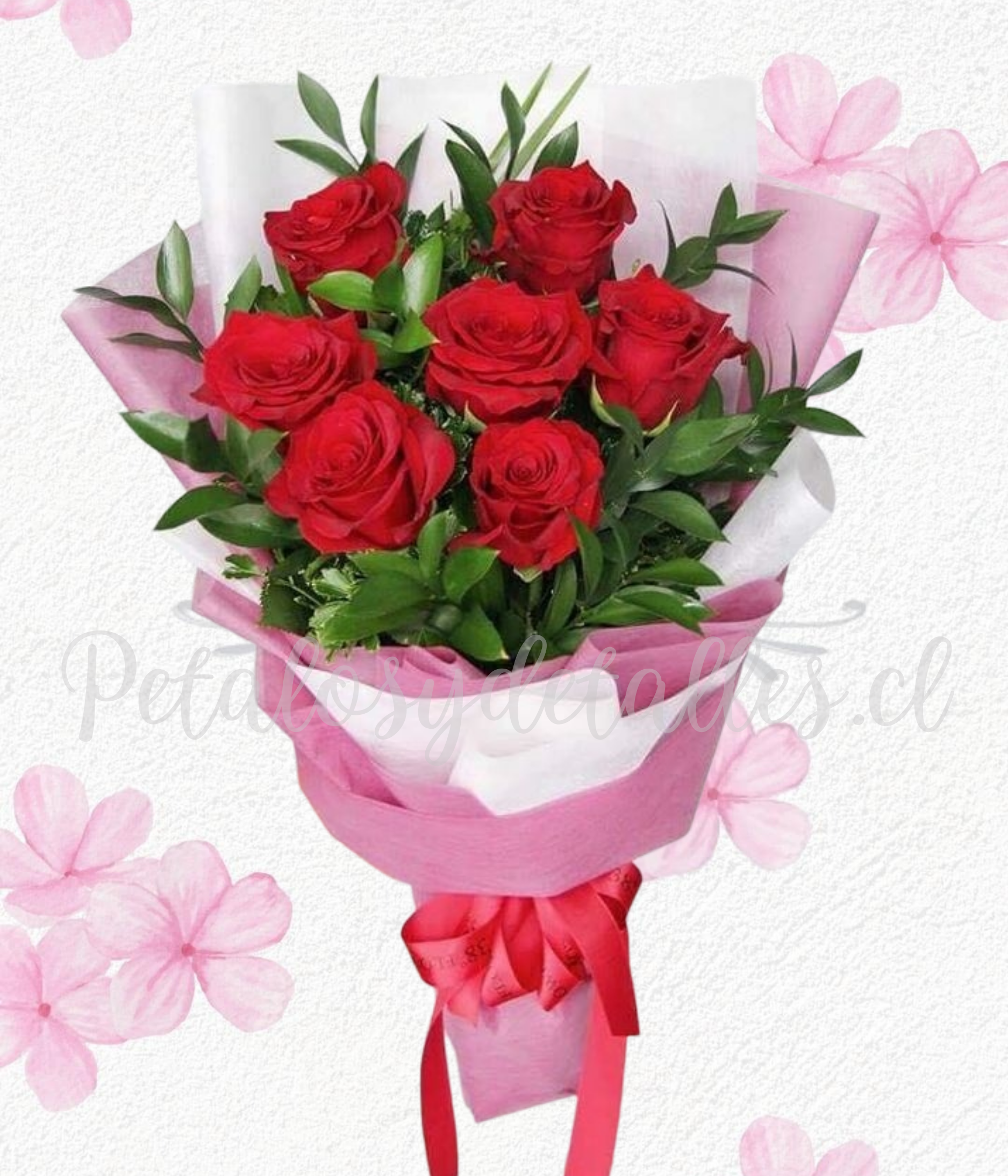 Ramo enamorados en 7 rosas importadas y follaje verde