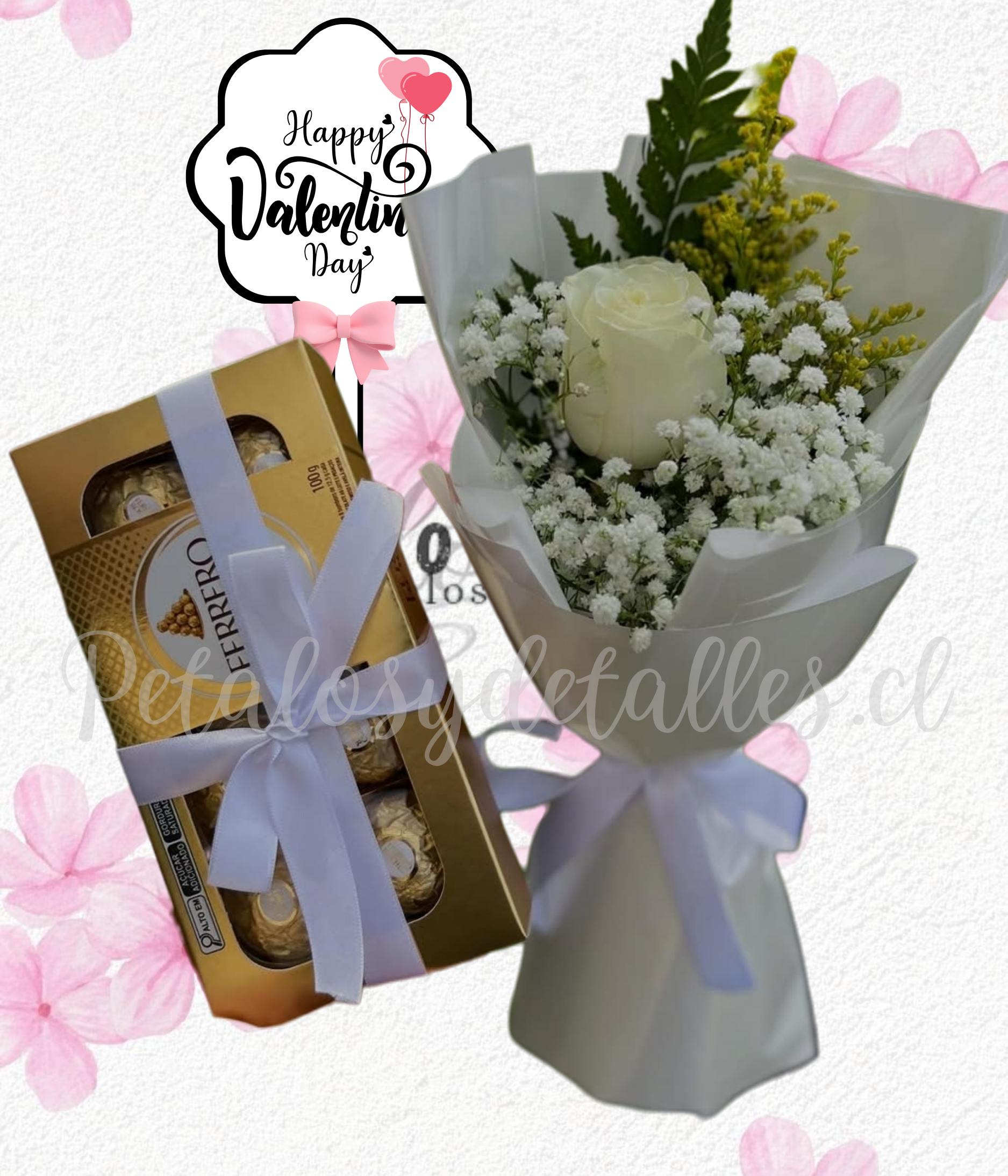 Elegante ramito en una rosa importada y ferrero de 100gr