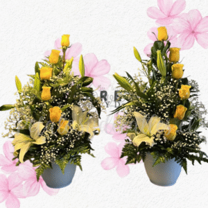 Pack arreglos en bases 6 rosas c/u y 4 lilium para cualquier ocasión