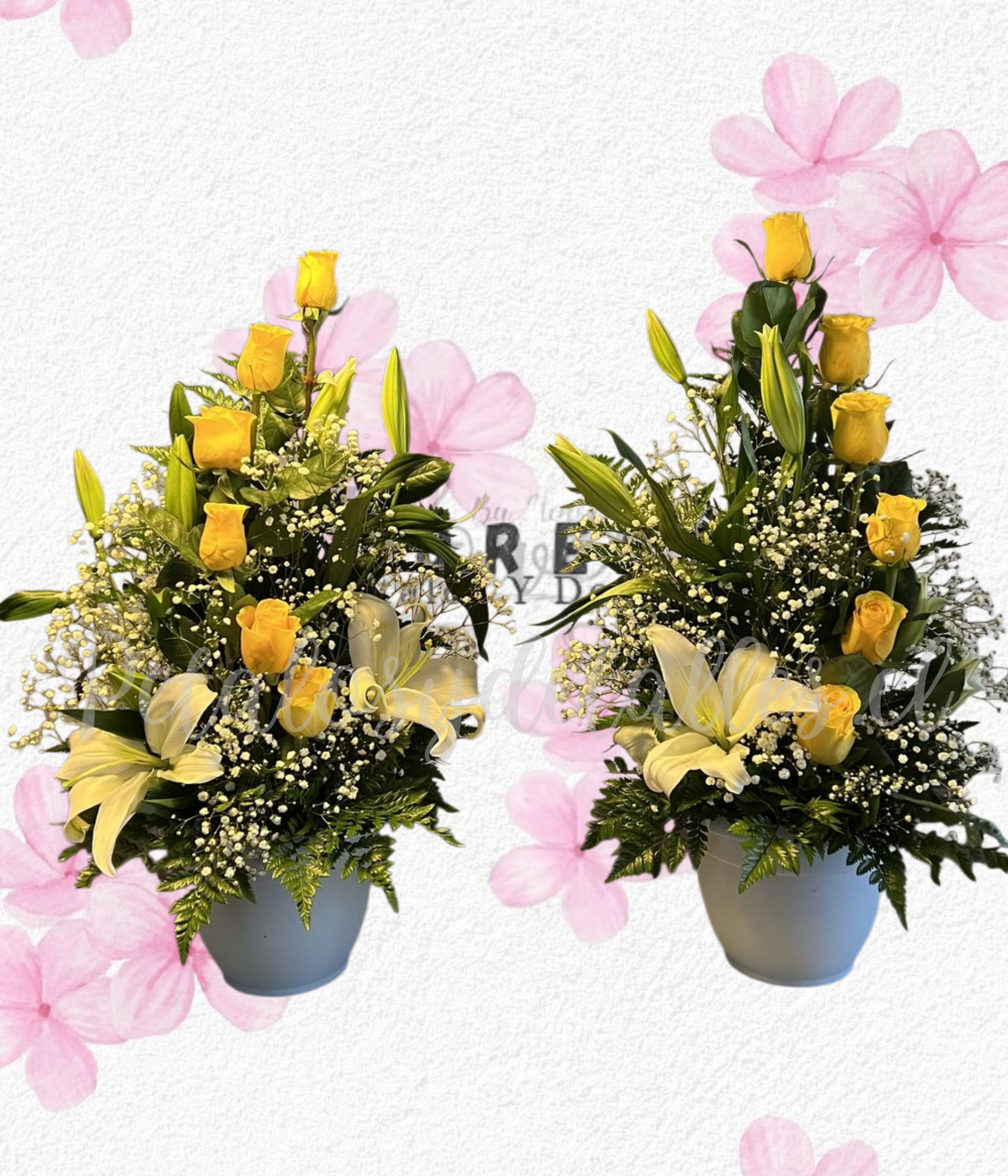 Pack arreglos en bases 6 rosas c/u y 4 lilium para cualquier ocasión